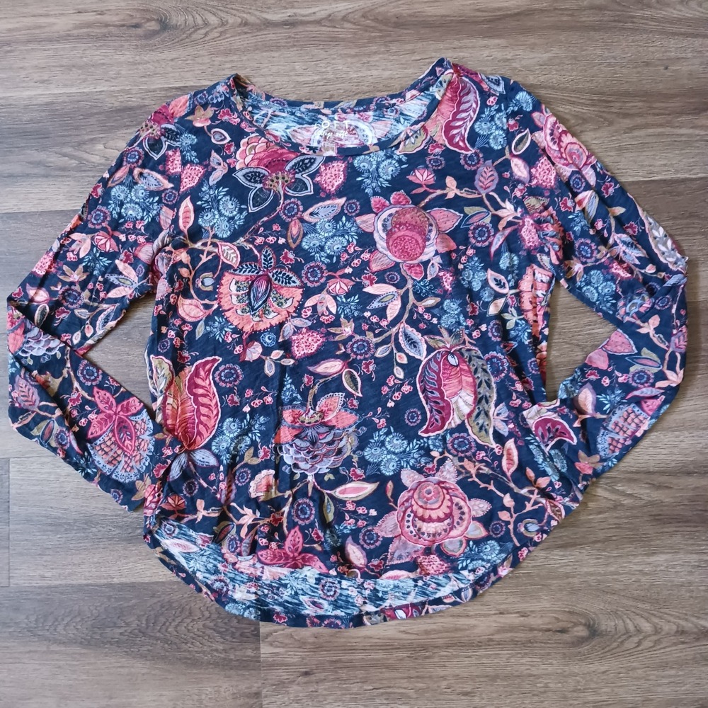 LOFT Vintage Soft Floral Paisley Long Sleeve Tee Shirt Navy Pink Large